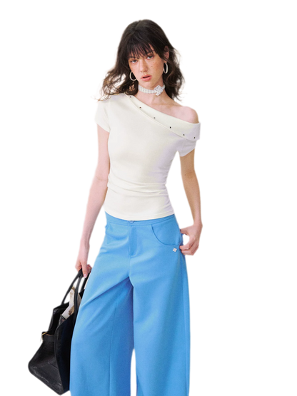 Asymmetric Off-Shoulder Tee Pants Set