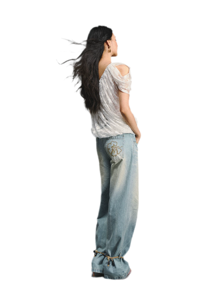 Lace Ruched Asymmetric Top