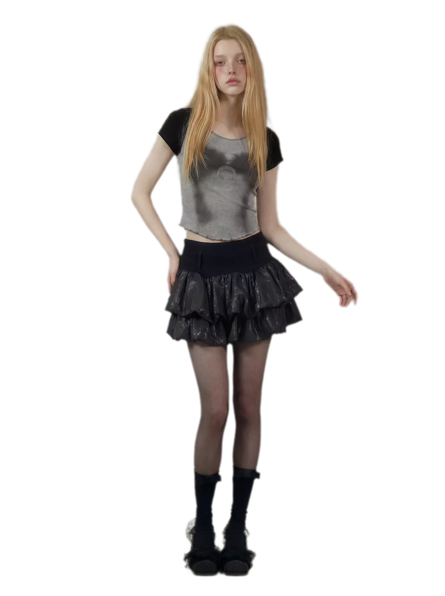 Printed Ruffle Cropped T-Shirt