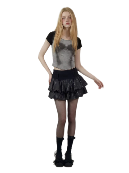 Printed Ruffle Cropped T-Shirt