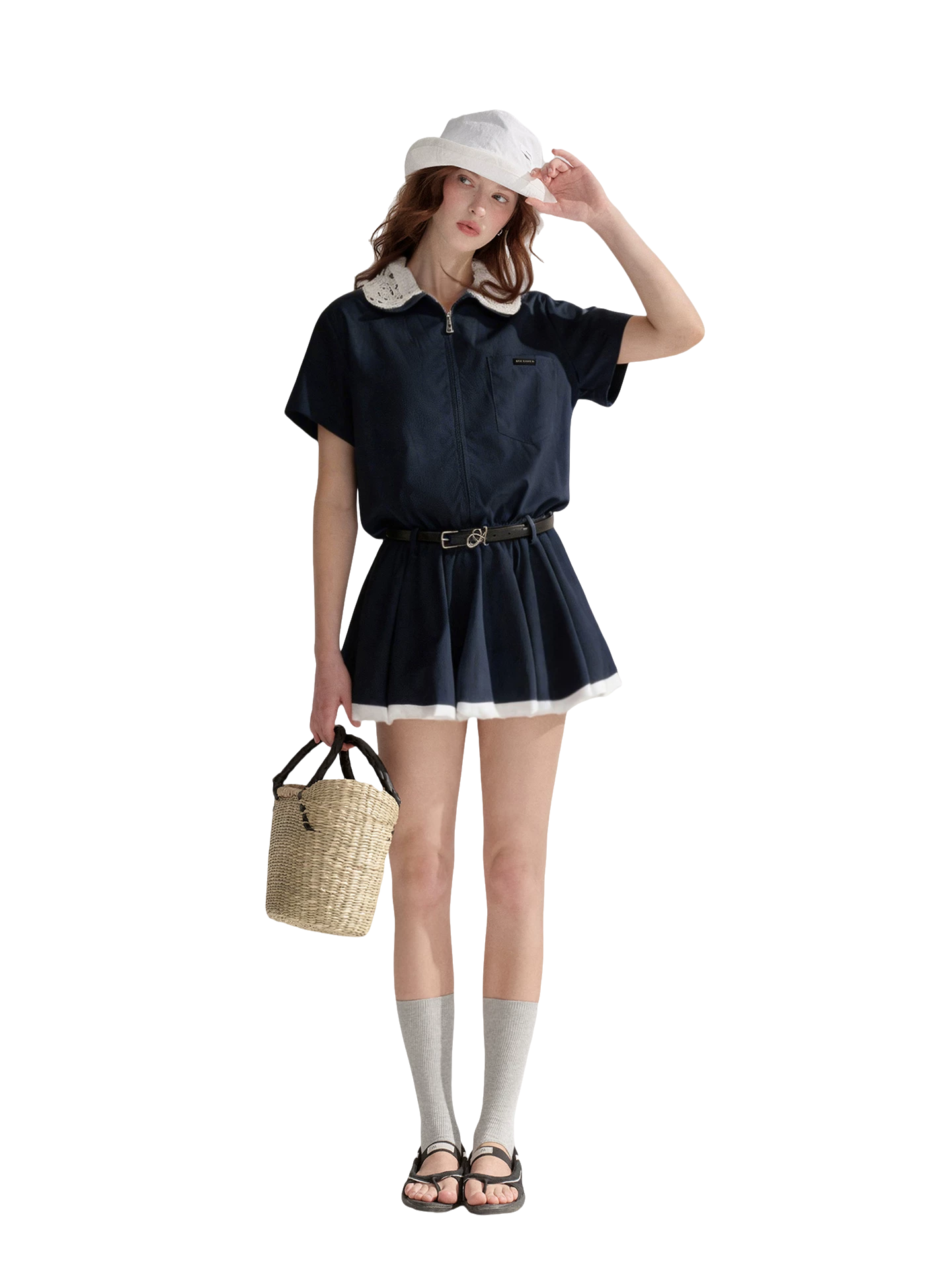 Lace Collar Half-Zip Waist Dress