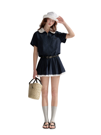 Lace Collar Half-Zip Waist Dress