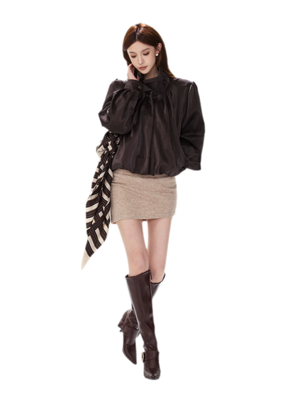 Veste courte froncée en cuir PU