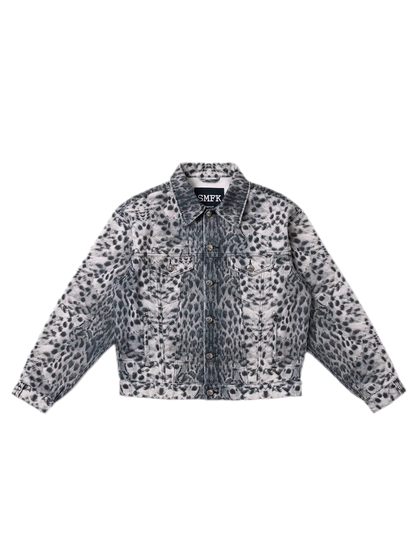 Cross Statue Leopard Camo Denim Jacket