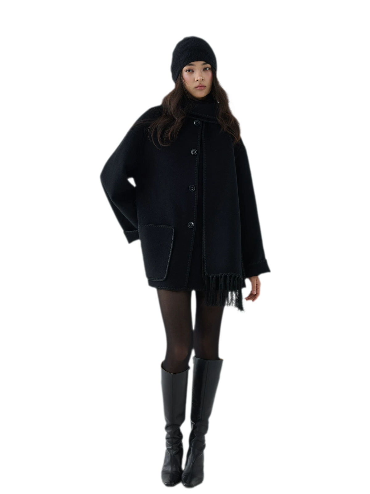 Double-Faced Wool Fringe Cape Coat