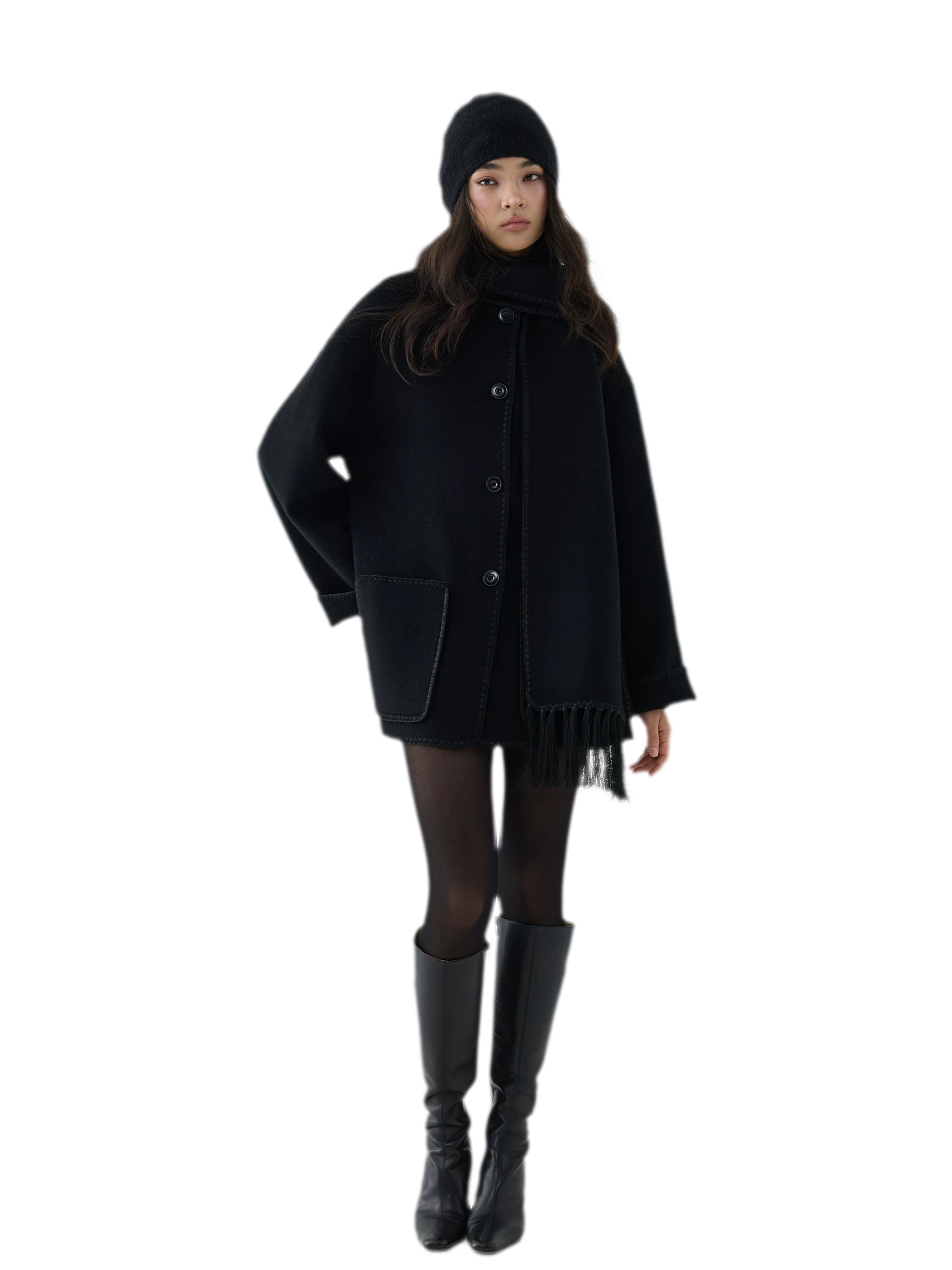 Double-Faced Wool Fringe Cape Coat
