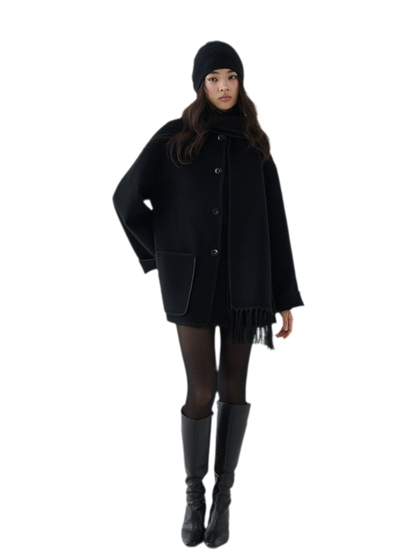 Double-Faced Wool Fringe Cape Coat