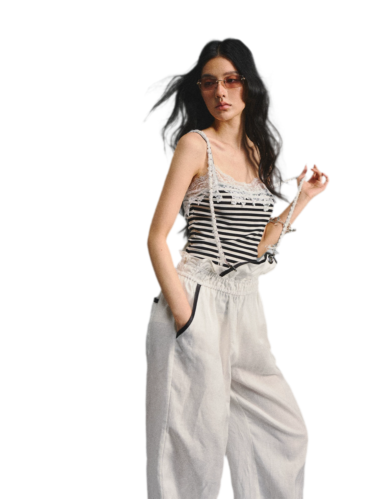 Tencel Linen Contrast Satin Trim Wide-Leg Pants