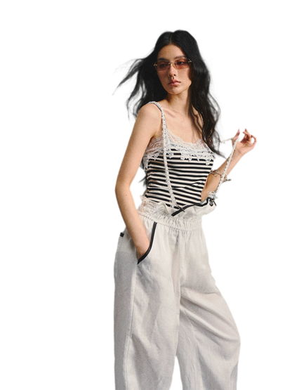 Tencel Linen Contrast Satin Trim Wide-Leg Pants