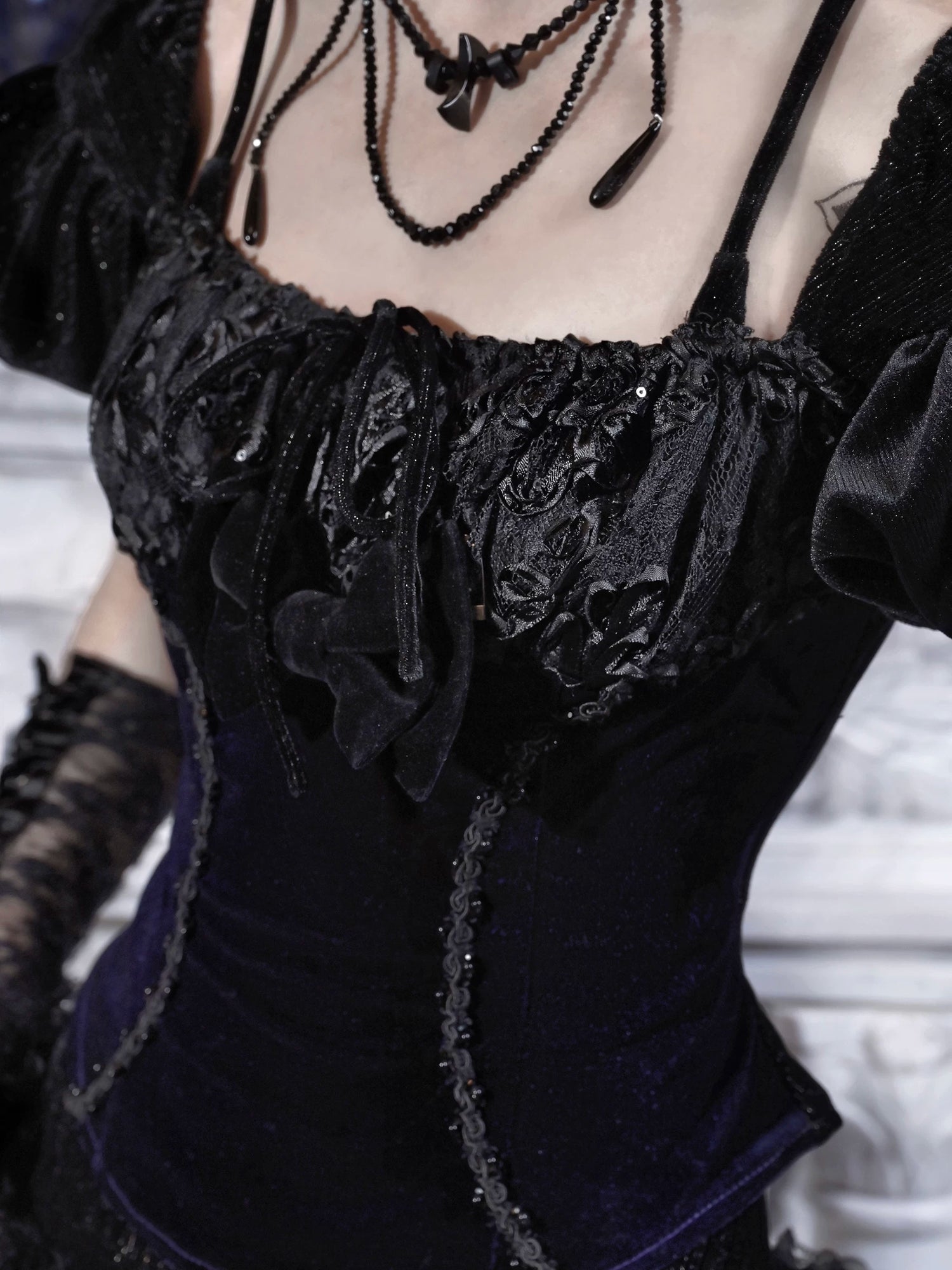 Velvet Puff-Sleeve Lace-Up Top