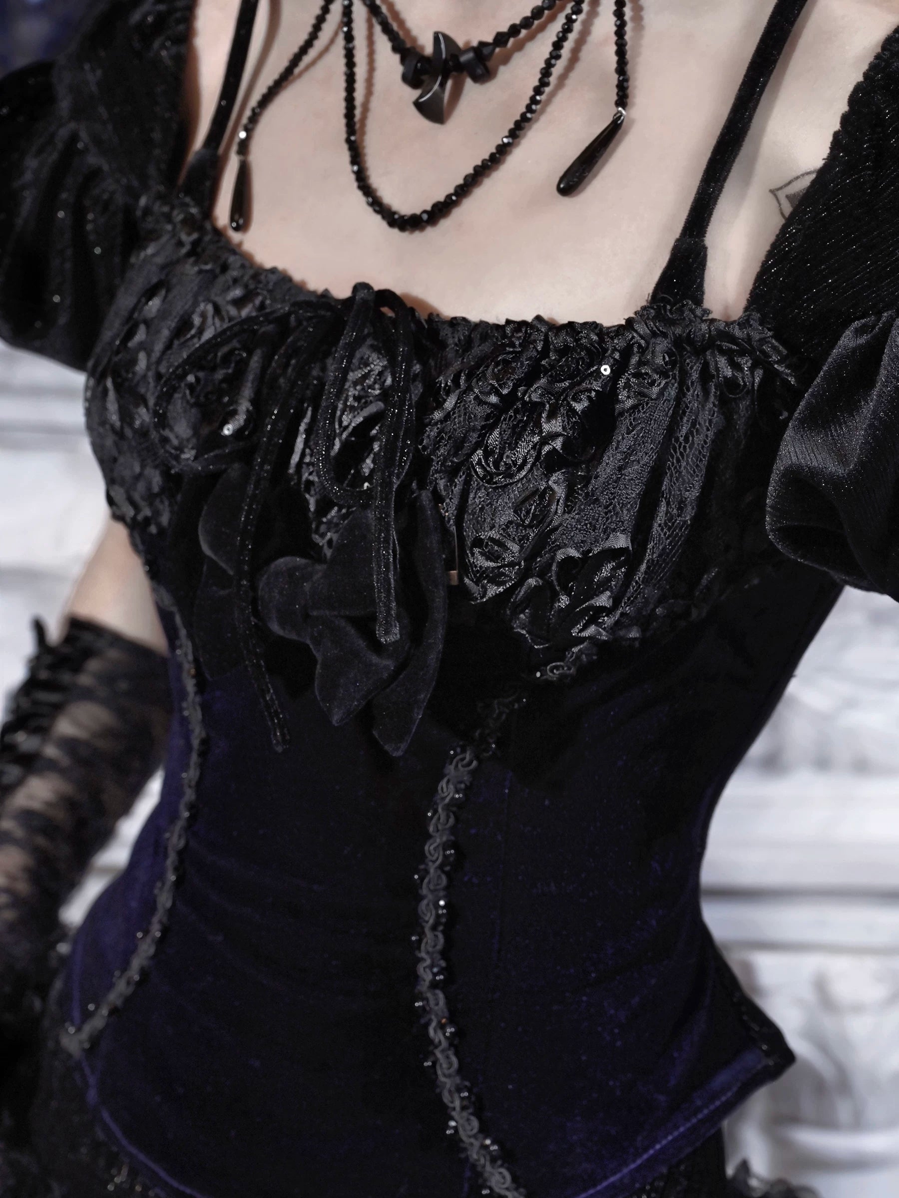 Velvet Puff-Sleeve Lace-Up Top