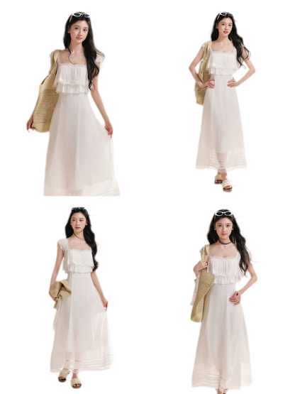 Lace Ruffle Waist Long Dress