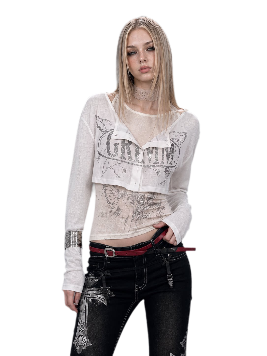 Silver Print Fitted Long-Sleeve Tee
