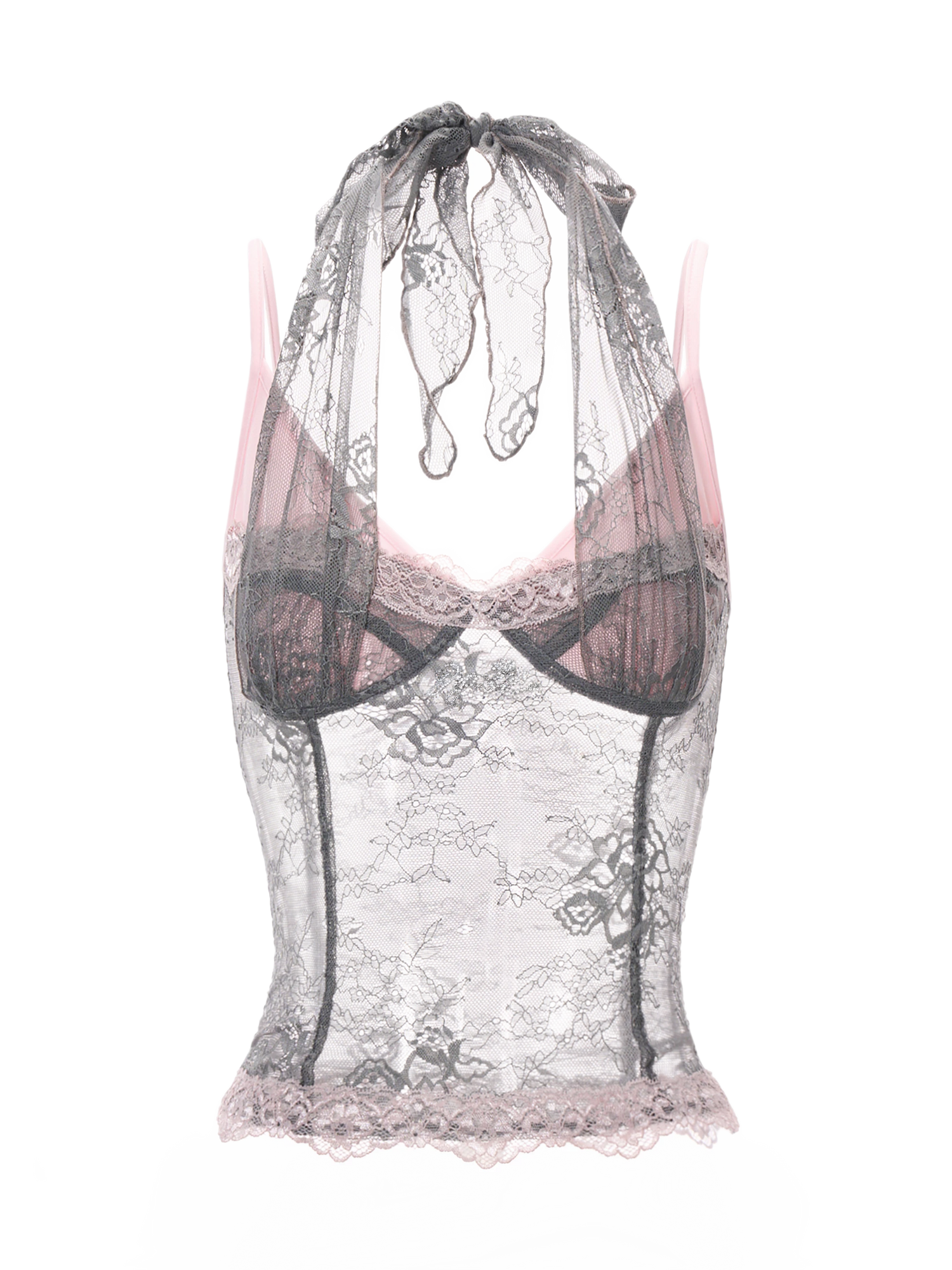 Gray Pink Lace Halter Neck Fitted Top