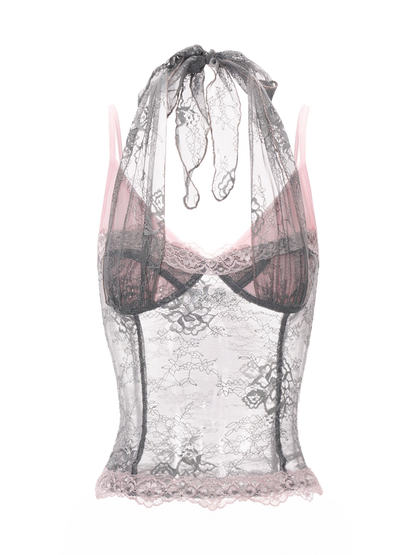 Gray Pink Lace Halter Neck Fitted Top