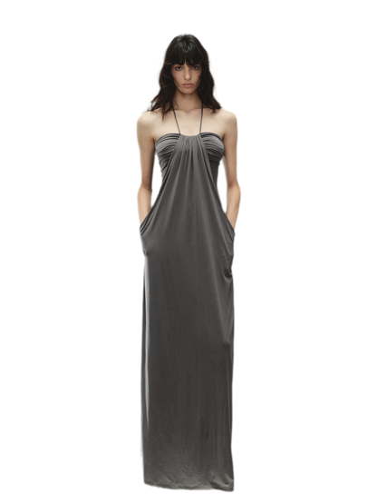 Laisel Handwoven Twist Metallic Chain Pleated Halter Dress