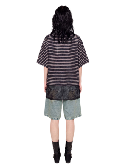 Striped Lace Hem T-Shirt