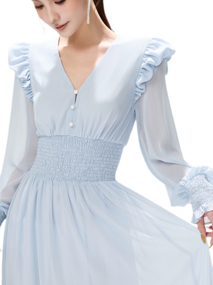 Textured Ruffle V-Neck Dress