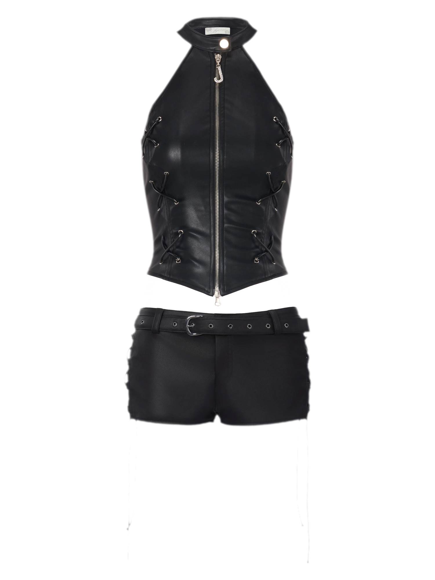 Fitted Black Matte PU Leather Waistcoat &amp; Shorts