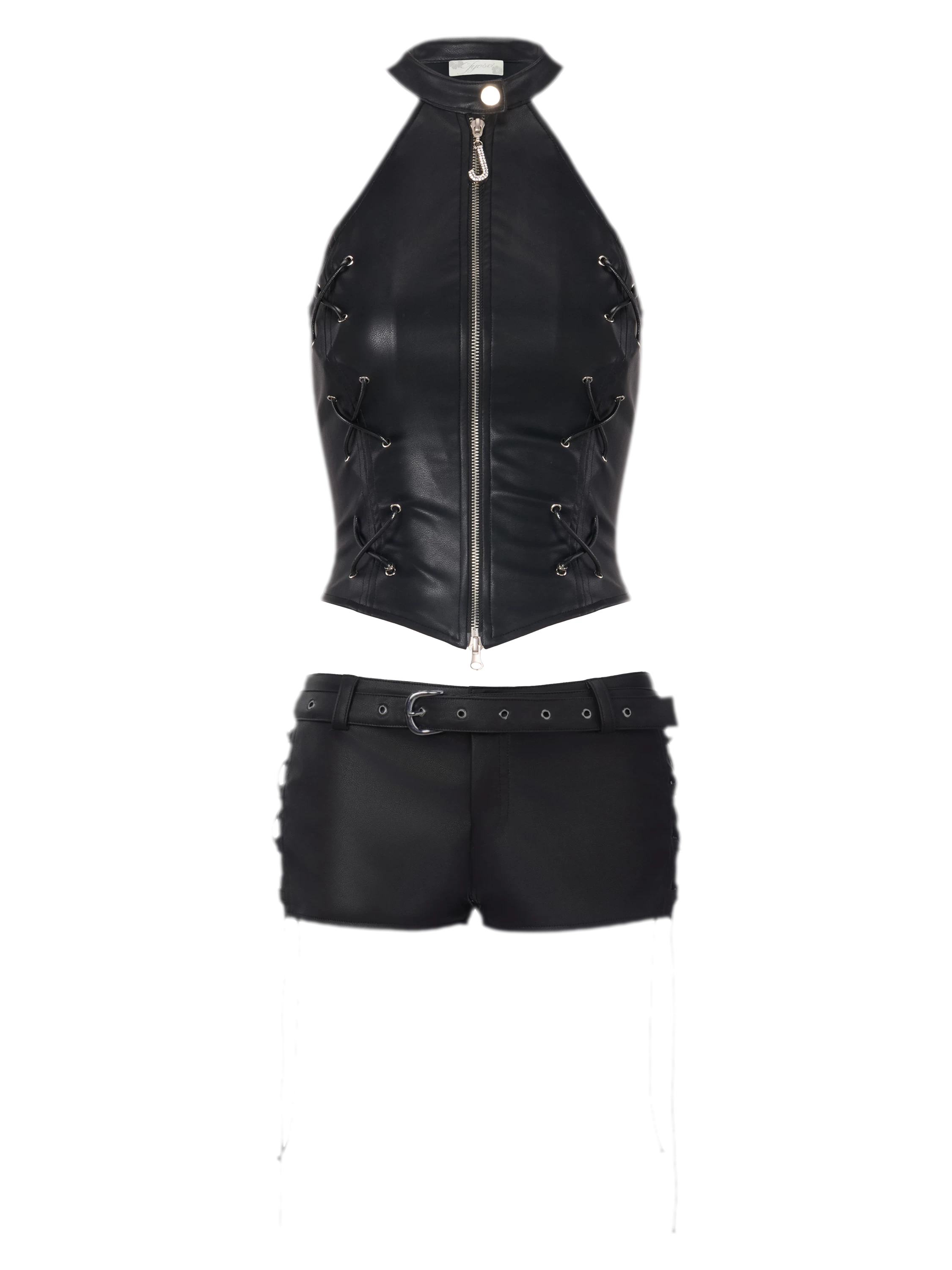 Fitted Black Matte PU Leather Waistcoat &amp; Shorts