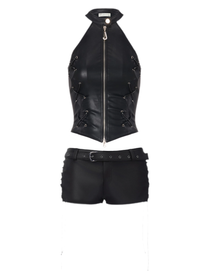 Fitted Black Matte PU Leather Waistcoat &amp; Shorts