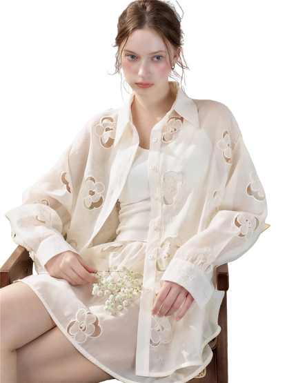 Hollow Floral Embroidered Polo Collar Two-Piece Set