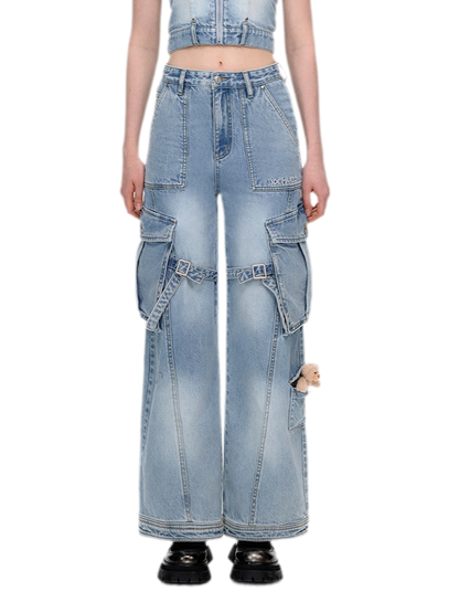Denim Cargo Straight Pants