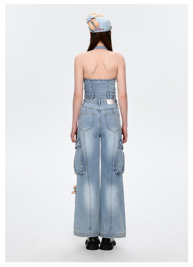 Denim Cargo Straight Pants