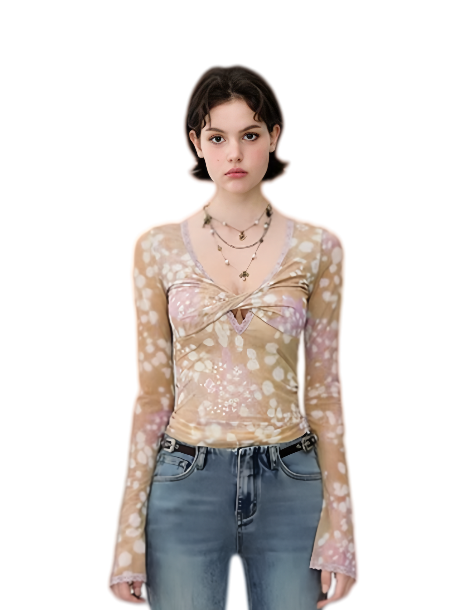 Deer Print Lace Mesh Top