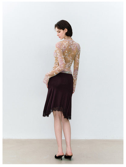 Deer Print Lace Mesh Top