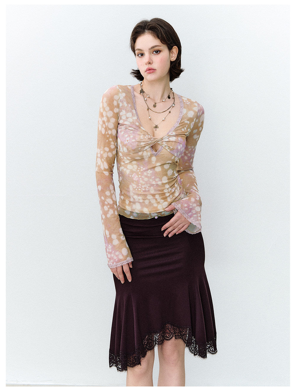 Deer Print Lace Mesh Top