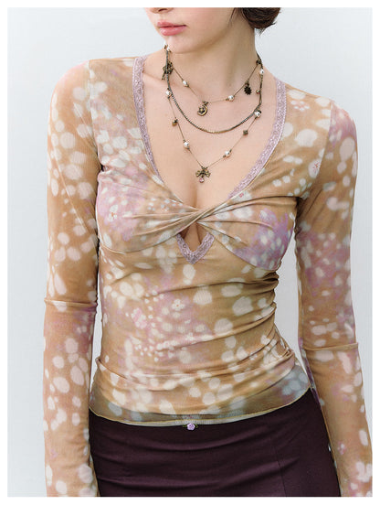 Deer Print Lace Mesh Top