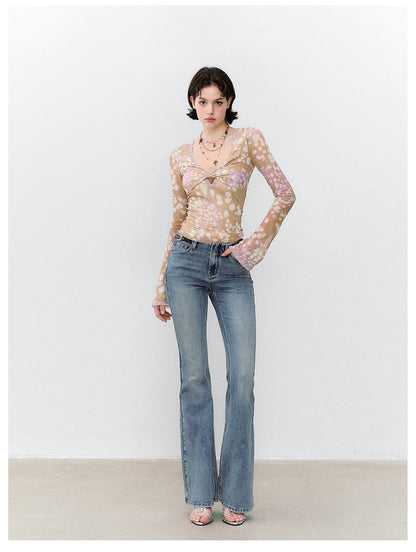 Deer Print Lace Mesh Top