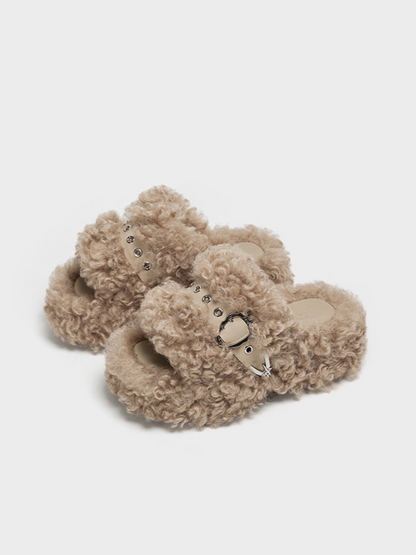 Platform Teddy Fur Slides