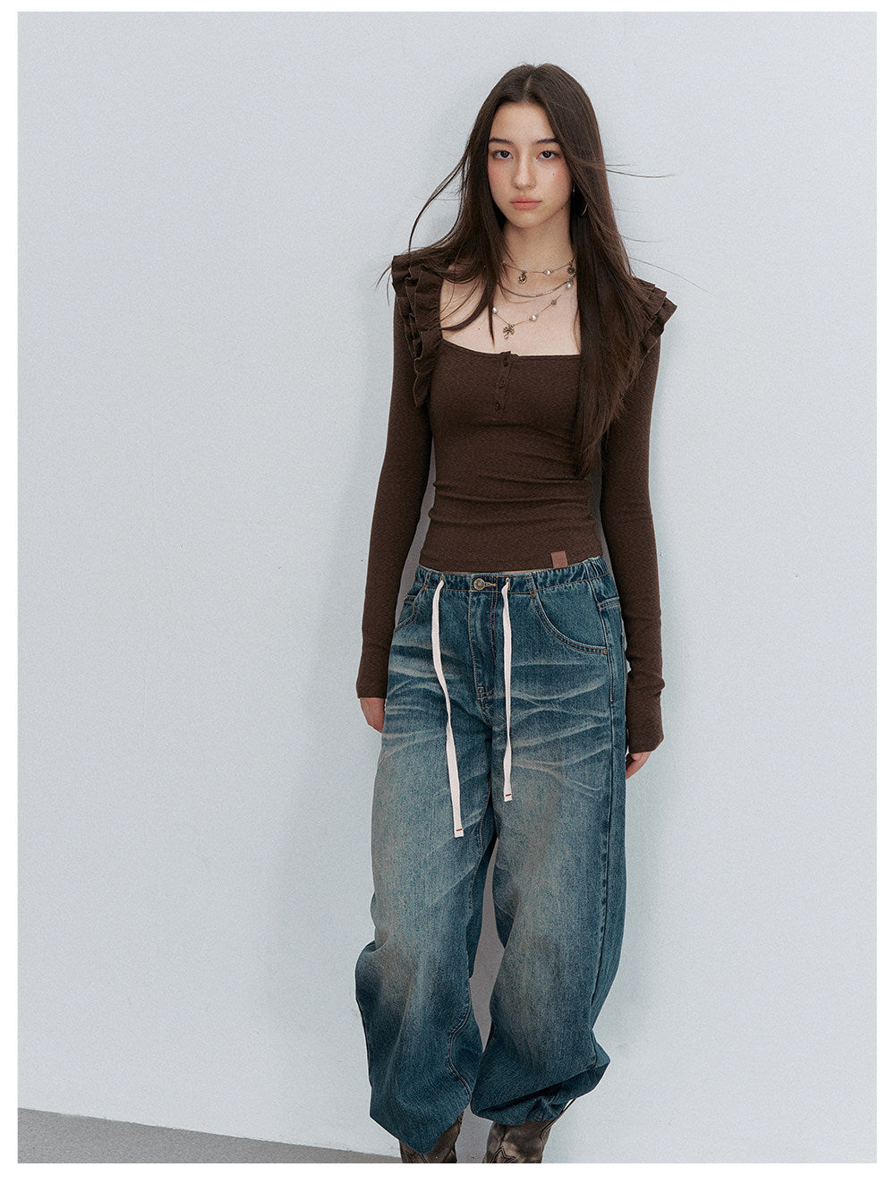 Ribbed Ruffle Square Neck Top