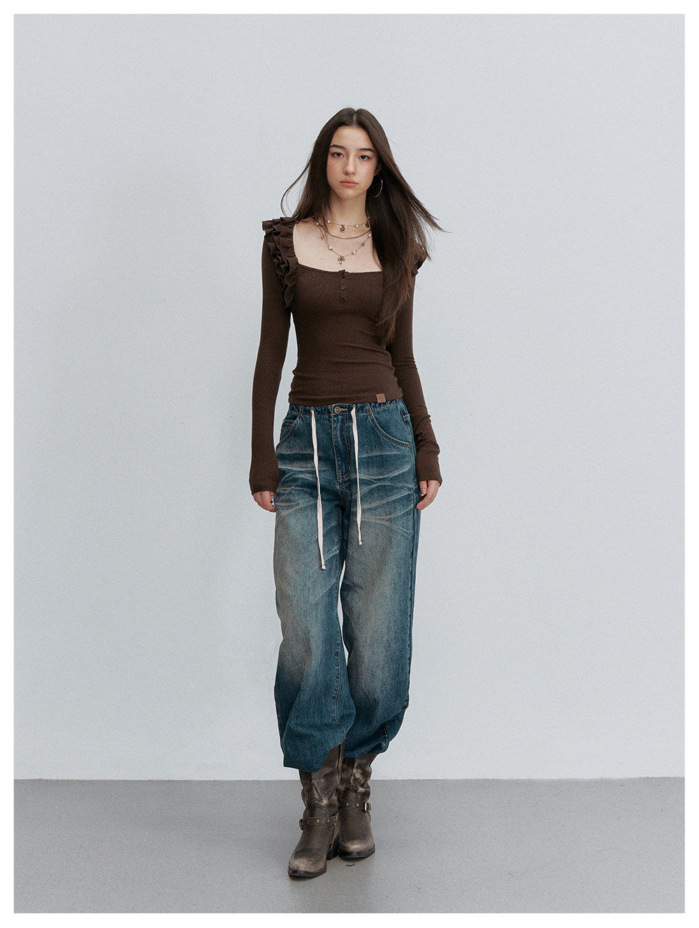 Ribbed Ruffle Square Neck Top