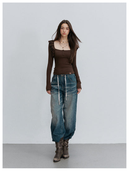 Ribbed Ruffle Square Neck Top