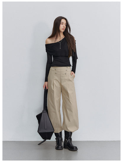 Textured Pleated Wide-Leg Pants