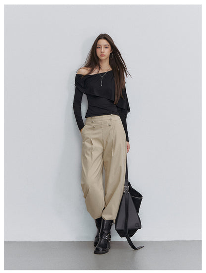 Textured Pleated Wide-Leg Pants