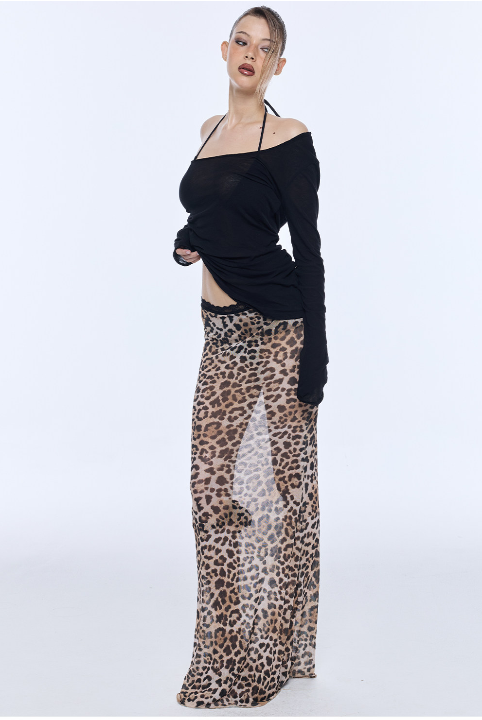 Leopard Mesh Midi Skirt