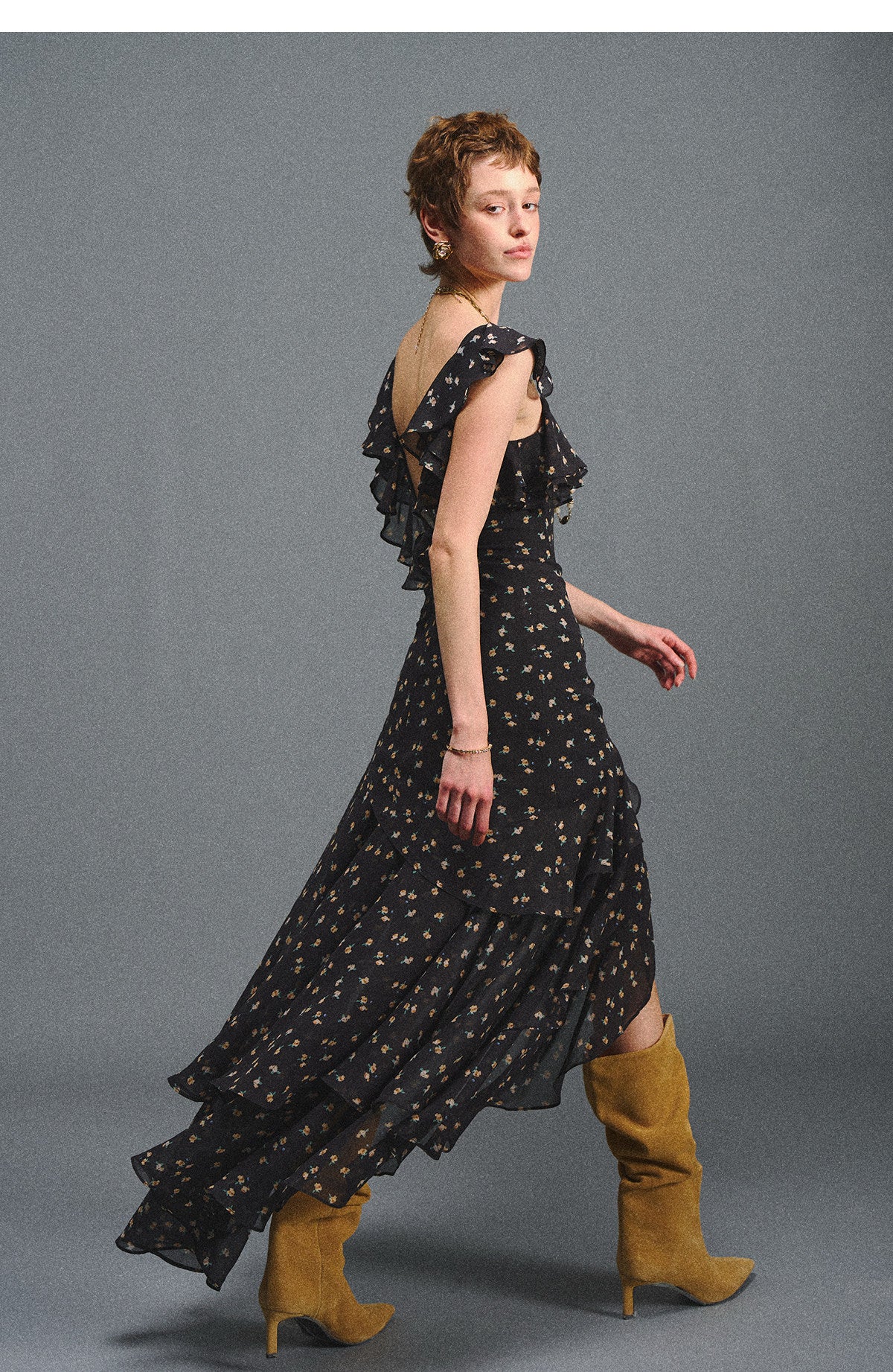 Floral Backless Ruffle Dress