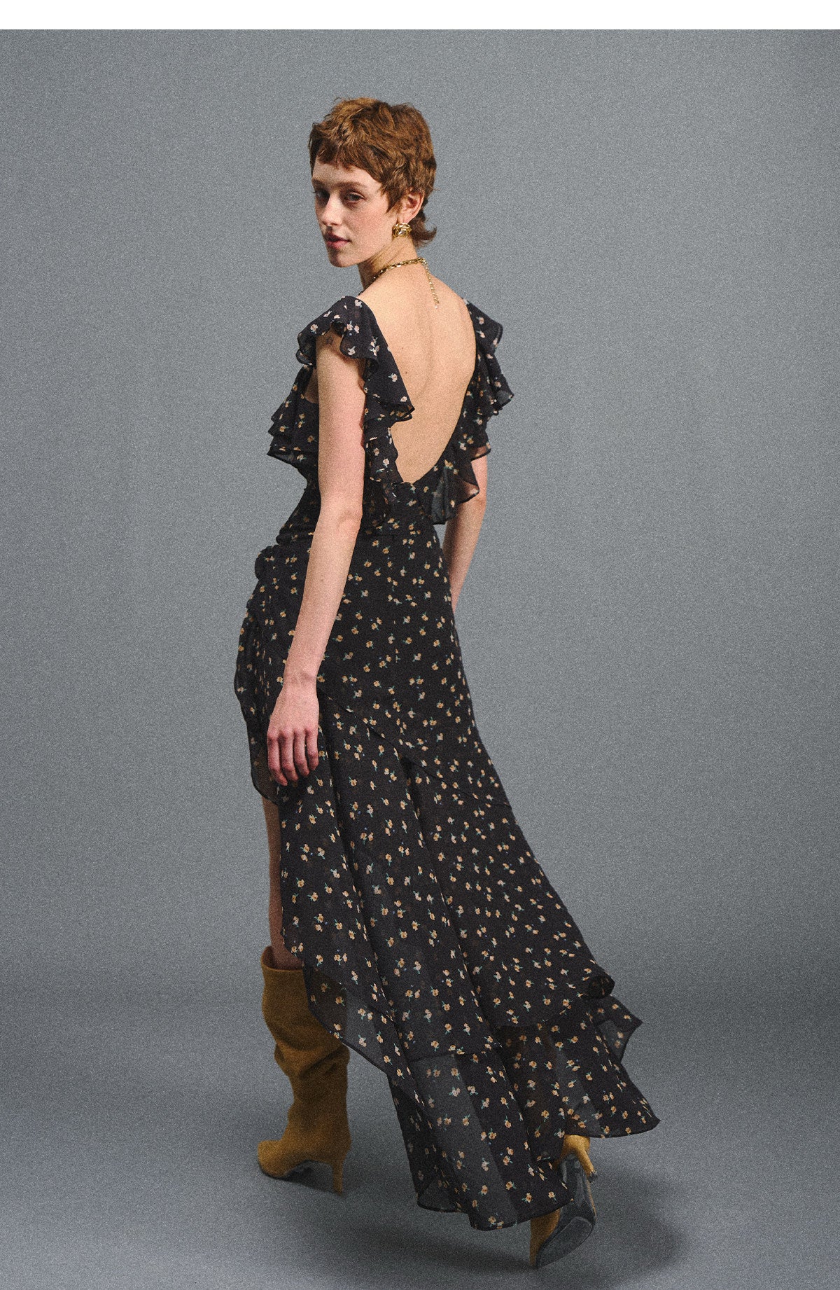 Floral Backless Ruffle Dress