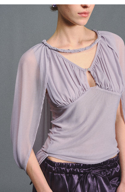 Ruched Mesh V-Neck Top