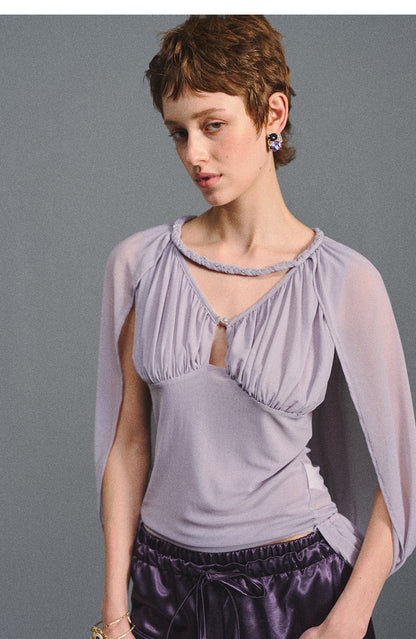 Ruched Mesh V-Neck Top