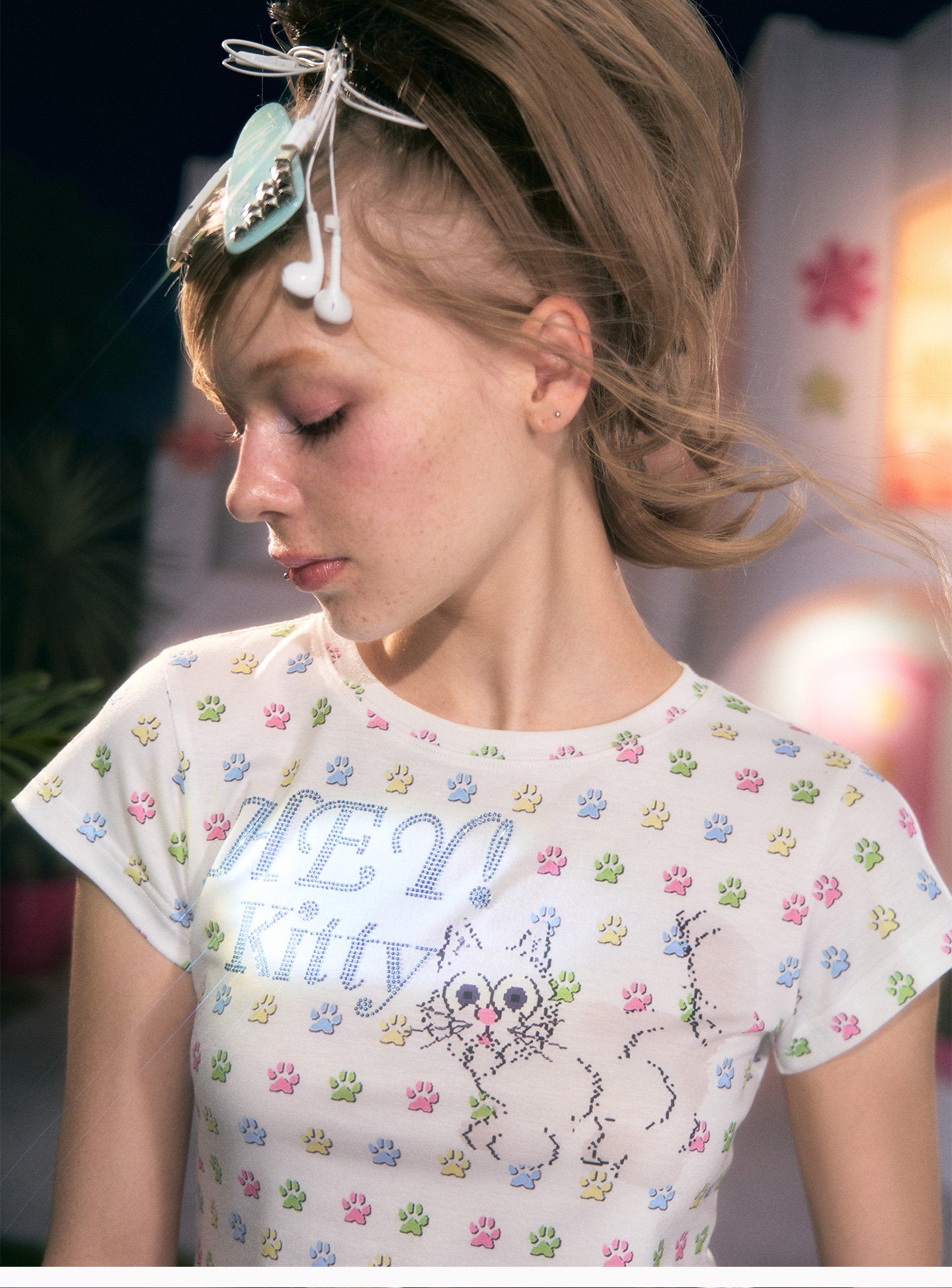 Cat Print Rhinestone Tee