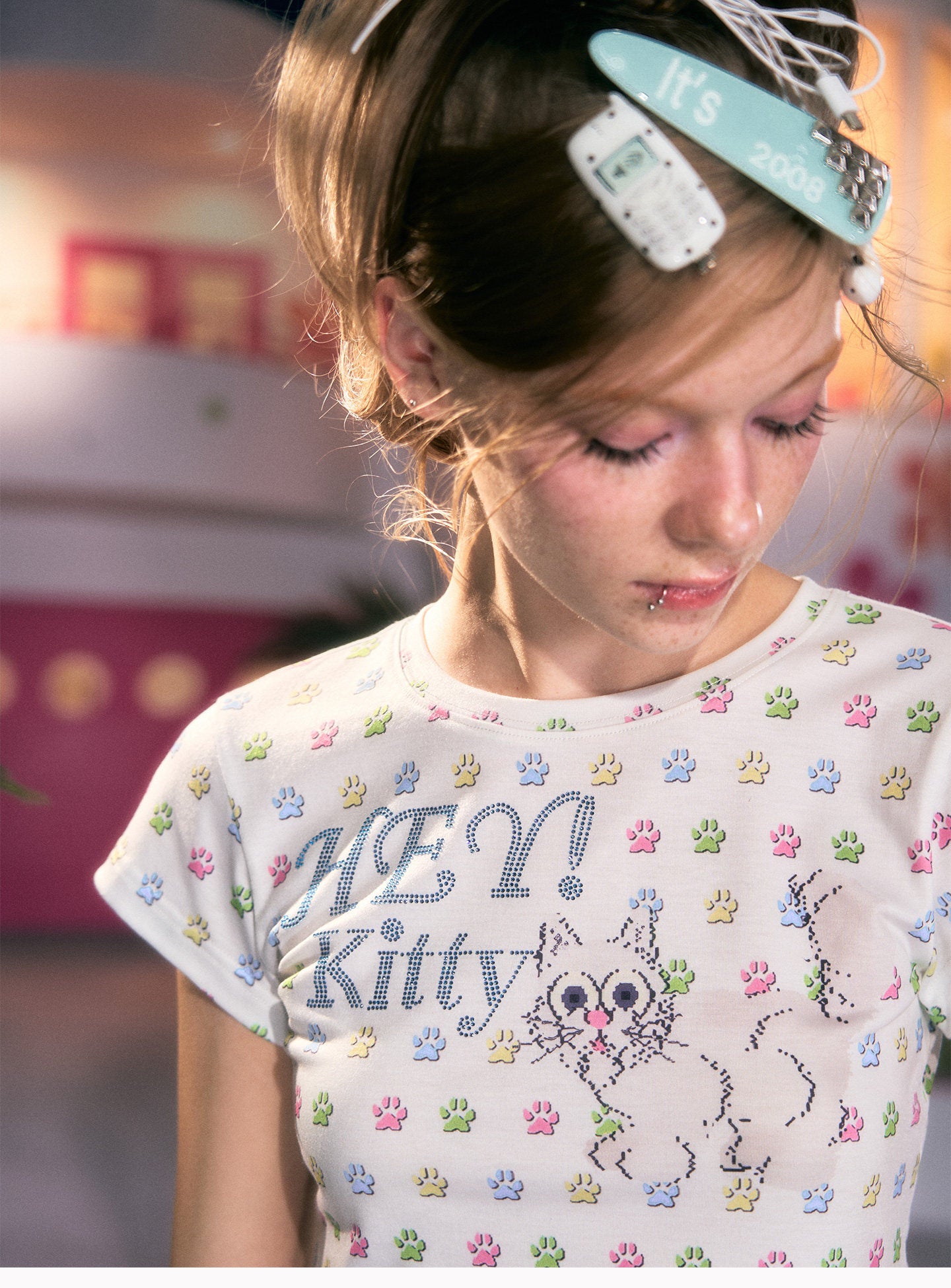 Cat Print Rhinestone Tee