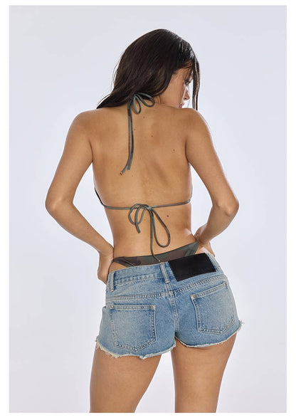 Washed Denim Cutout Shorts