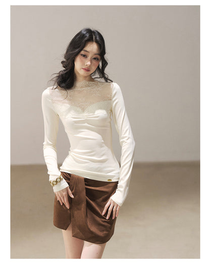 Sheer Lace Mock Neck Top