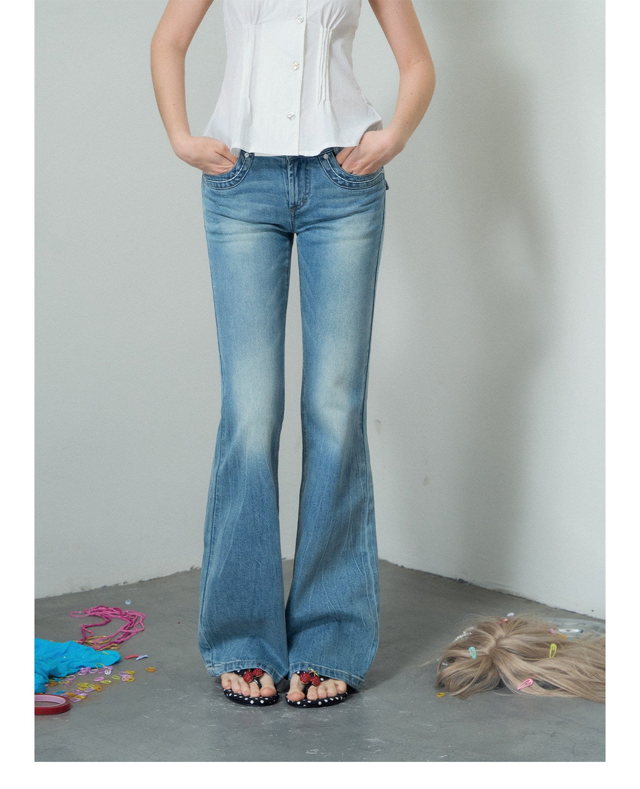 Washed Low-Rise Flare Jeans