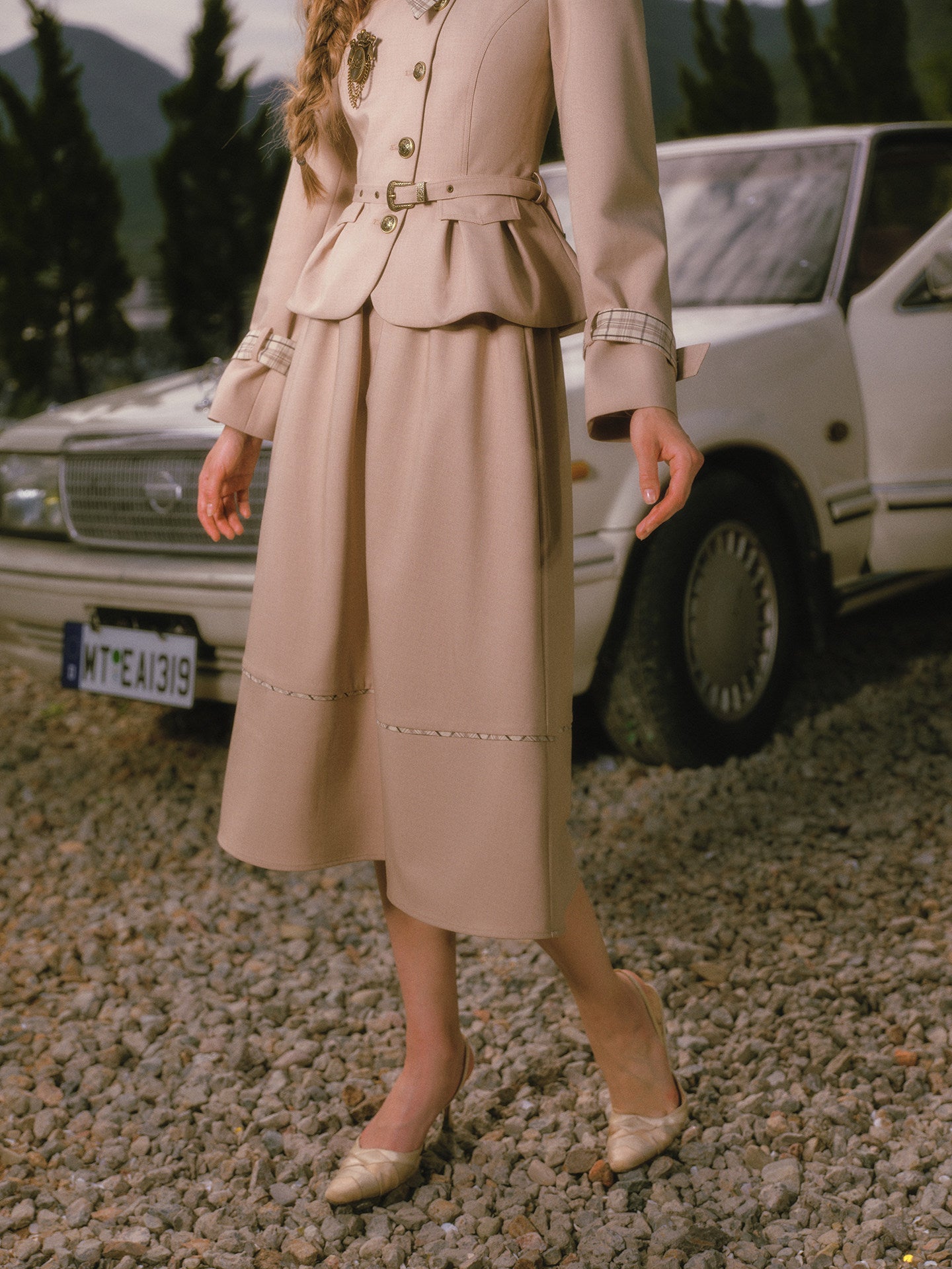 Vintage Belted Trench Skirt Set